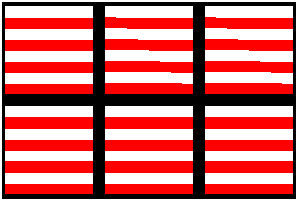 6 개의 부분으로부터 완성되는 박스의 우상에 있는 2 개의 사각형안에 불연속의 붉은 수평선이 들어가 있는
